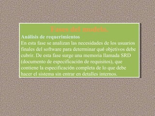 Fases del modelo. An á lisis de requerimientos En esta fase se analizan las necesidades de los usuarios finales del software para determinar qu é  objetivos debe cubrir. De esta fase surge una memoria llamada SRD (documento de especificaci ó n de requisitos), que contiene la especificaci ó n completa de lo que debe hacer el sistema sin entrar en detalles internos. 