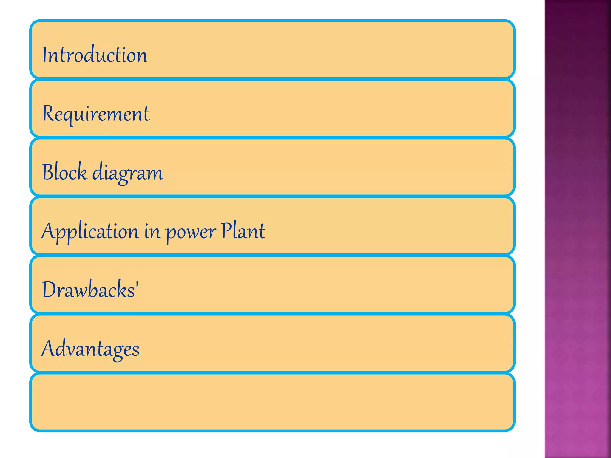 Introduction
Requirement
Block diagram
Application in power Plant
Drawbacks'
Advantages
 