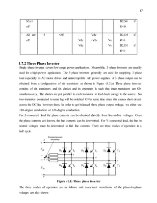 17
S3,s1
off
D2,S4 if
I0<0
All are
off
5 Off -
Vdc
Vdc
Vdc
-Vdc
-
Vs
Vs
D3,D4 if
i0>0
D2,D1 if
i0<0
1.7.2 Three Phase Inverter
Single phase inverter covers low range power applications. Meanwhile, 3-phase inverters are usually
used for a high-power application. The 3-phase inverters generally are used for supplying 3-phase
load especially in AC motor drives and uninterruptible AC power supplies. A 3-phase output can be
obtained from a configuration of six transistors as shown in Figure (1.3.a). Three phase inverter
consists of six transistors and six diodes and its operation is such that three transistors are ON
simultaneously. The diodes are put parallel to each transistor to feed-back energy to the source. No
two-transistor connected to same leg will be switched ON at same time since this causes short circuit
across the DC line between them. In order to get balanced three phase output voltage, we either use
180-degree conduction or 120-degree conduction.
For ∆ connected load the phase currents can be obtained directly from line-to-line voltages. Once
the phase currents are known, the line currents can be determined. For Y-connected load, the line to
neutral voltages must be determined to find line currents. There are three modes of operation in a
half cycle.
Figure (1.1) Three phase inverter
The three modes of operation are as follows and associated waveforms of the phase-to-phase
voltages are also shown
 