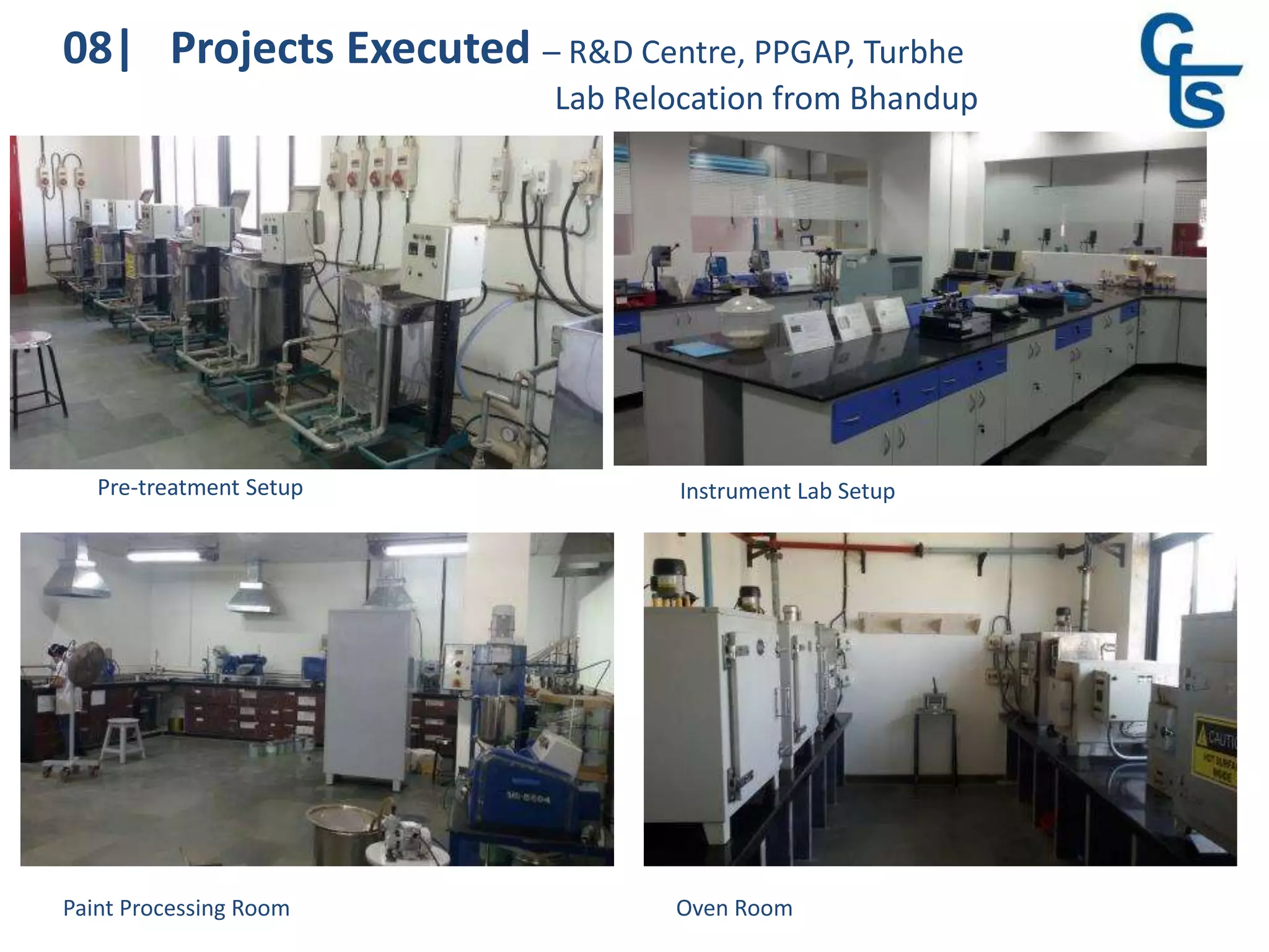 08| Projects Executed – R&D Centre, PPGAP, Turbhe
Lab Relocation from Bhandup
Pre-treatment Setup
Paint Processing Room
Instrument Lab Setup
Oven Room
 