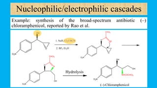 Nucleophilic/electrophilic cascades
Example: synthesis of the broad-spectrum antibiotic (–)
chloramphenicol, reported by Rao et al.
Hydrolysis
(–)-Chloramphenicol
 
