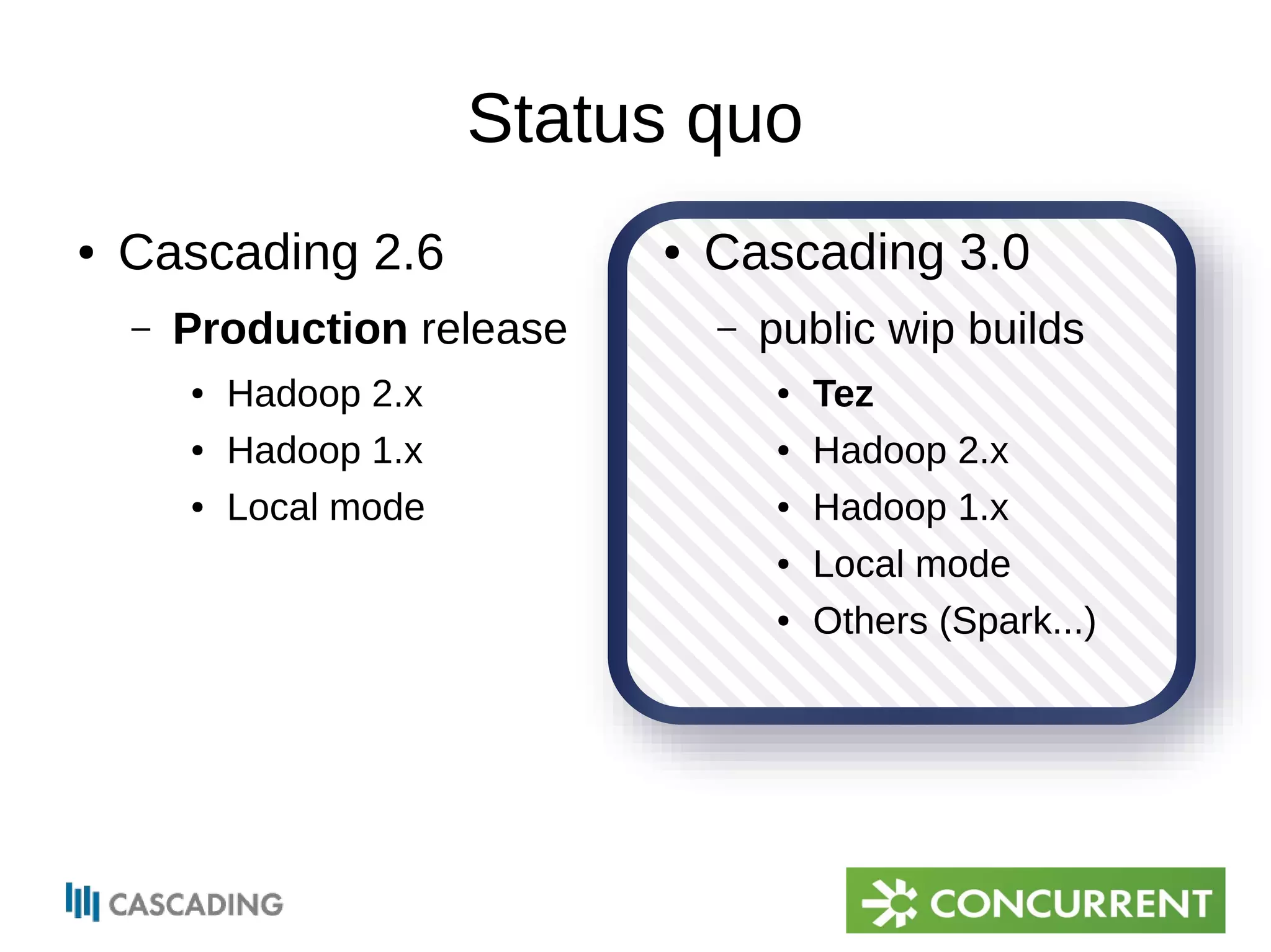 Status quo 
● Cascading 2.6 
– Production release 
● Hadoop 2.x 
● Hadoop 1.x 
● Local mode 
● Cascading 3.0 
– public wip builds 
● Tez 
● Hadoop 2.x 
● Hadoop 1.x 
● Local mode 
● Others (Spark...) 
 