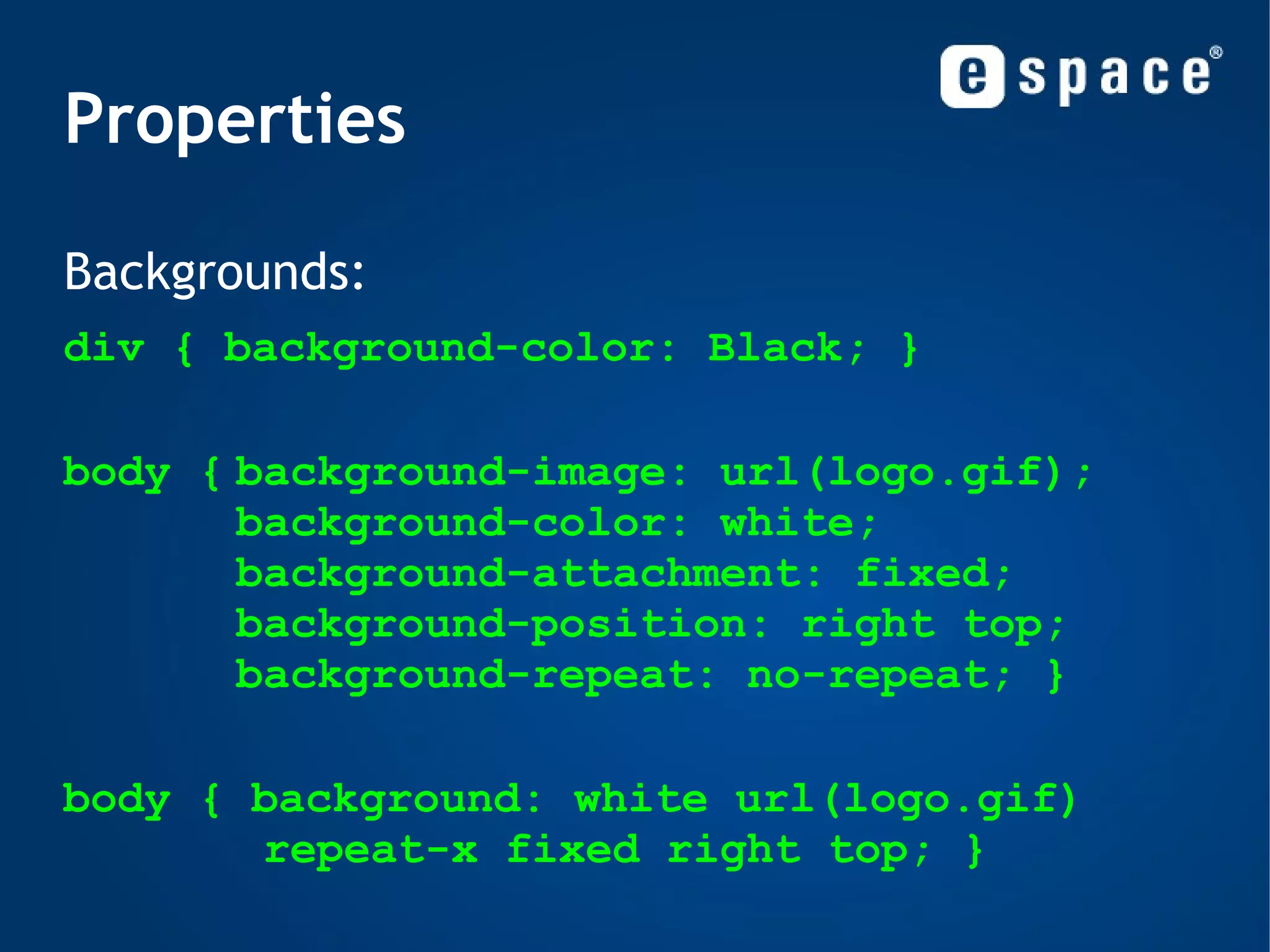 Linking CSS to HTML 2) External Styles:  Using separate files: mypage.html <head>  <link type= &quot;text/css&quot;  href= &quot;nice.css&quot; /> </head> nice.css h1{ font-family:Verdana } .warning{ color:red } #footer{ font-size:10px } 