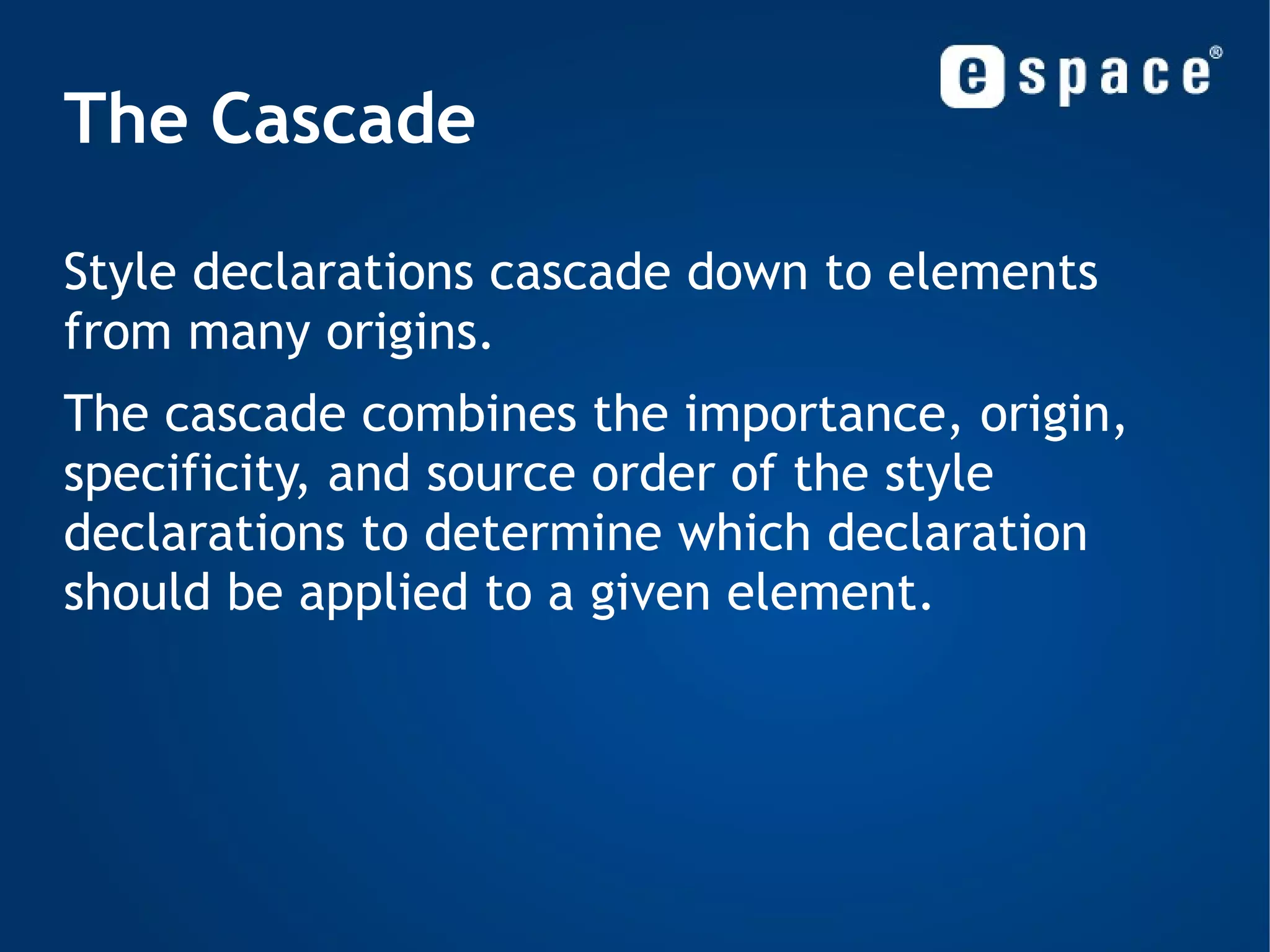 Selectors 4) ID selector: #menu { font-size: 22pt; } // unique id 5) Attribute selector: input[type=&quot;submit&quot;] { color: blue; } 