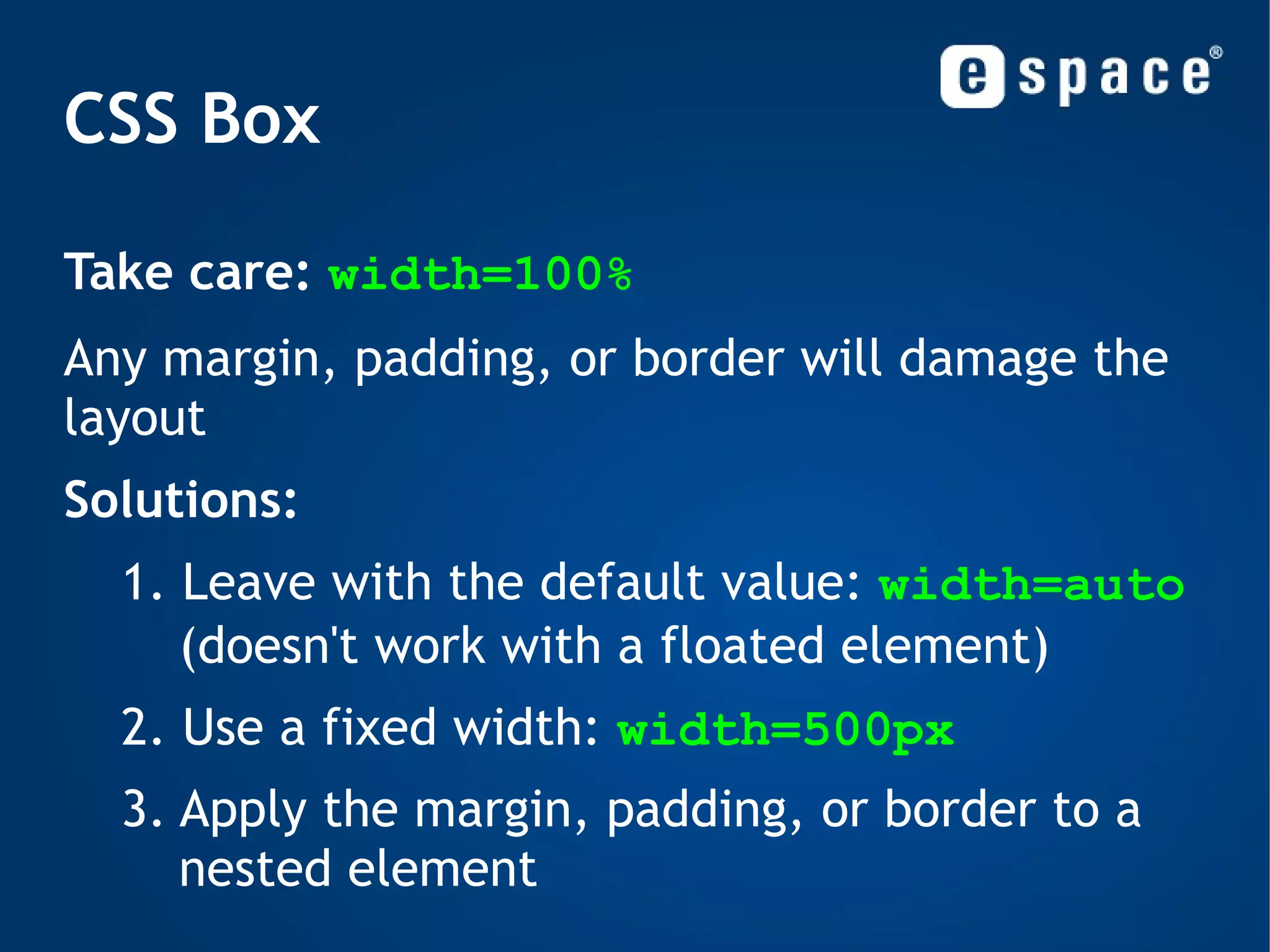 The Cascade Calculating specificity: 1. Inline styles (highest specificity) 2. Count ID selectors 3. Count class selectors  ( .test ), attribute selectors   ( [type=&quot;submit&quot;] ), and pseudo-classes ( :hover ) 4. Count element type selectors ( div ) and    pseudo-elements ( :first-letter ) 
