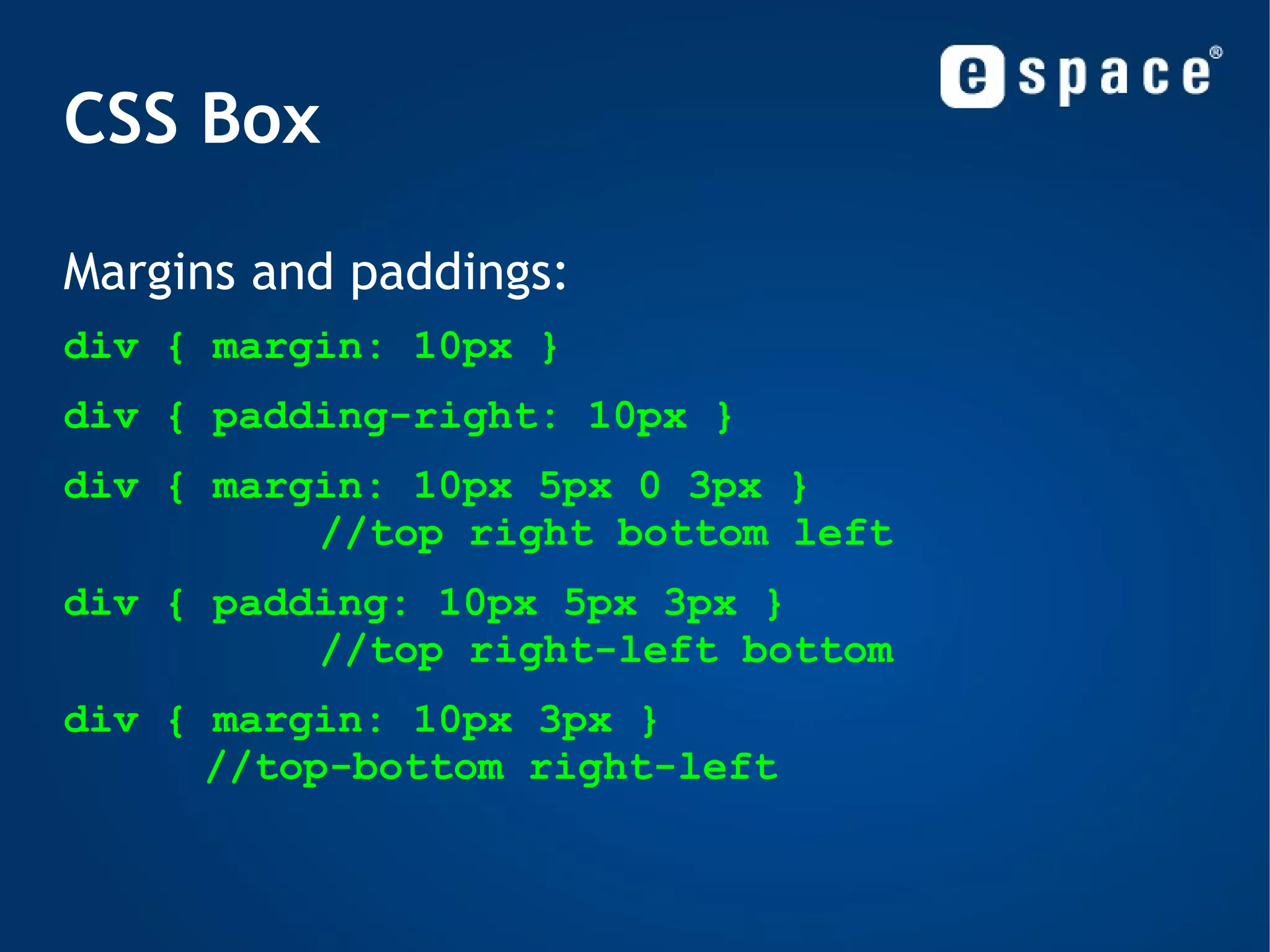 Inheritance The process by which properties are passed from parent to child elements without explicit definition div { font-size: 20px; } <div>   <p>   My  <em> cool </em>  paragraph is  <a href=&quot;#&quot;> here </a>.   </p> </div> 