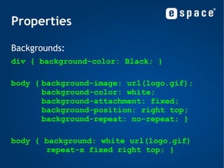 Linking CSS to HTML 2) External Styles:  Using separate files: mypage.html <head>  <link type= "text/css"  href= "nice.css" /> </head> nice.css h1{ font-family:Verdana } .warning{ color:red } #footer{ font-size:10px } 