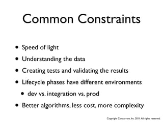 Common Constraints

• Speed of light
• Understanding the data
• Creating tests and validating the results
• Lifecycle phases have different environments
 • dev vs. integration vs. prod
• Better algorithms, less cost, more complexity
                                 Copyright Concurrent, Inc. 2011. All rights reserved.
 