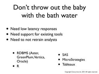 Don’t throw out the baby
      with the bath water
• Need low latency responses
• Need support for existing tools
• Need to not retrain analysts
   •   RDBMS (Aster,
                              •   SAS
       GreenPlum, Vertica,
       Oracle)                •   MicroStrategies

   •   R                      •   Tableaux
                                    Copyright Concurrent, Inc. 2011. All rights reserved.
 