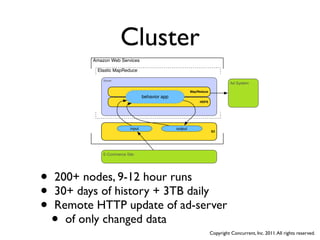 Cluster
          Amazon Web Services

           Elastic MapReduce

              Slaves
                                                                                  Ad System

                                                           Map/Reduce
                                   behavior app
                                                                HDFS




                           input                  output
                                                                        S3




              E-Commerce Site




•   200+ nodes, 9-12 hour runs
•   30+ days of history + 3TB daily
•   Remote HTTP update of ad-server
    • of only changed data
                                                                        Copyright Concurrent, Inc. 2011. All rights reserved.
 