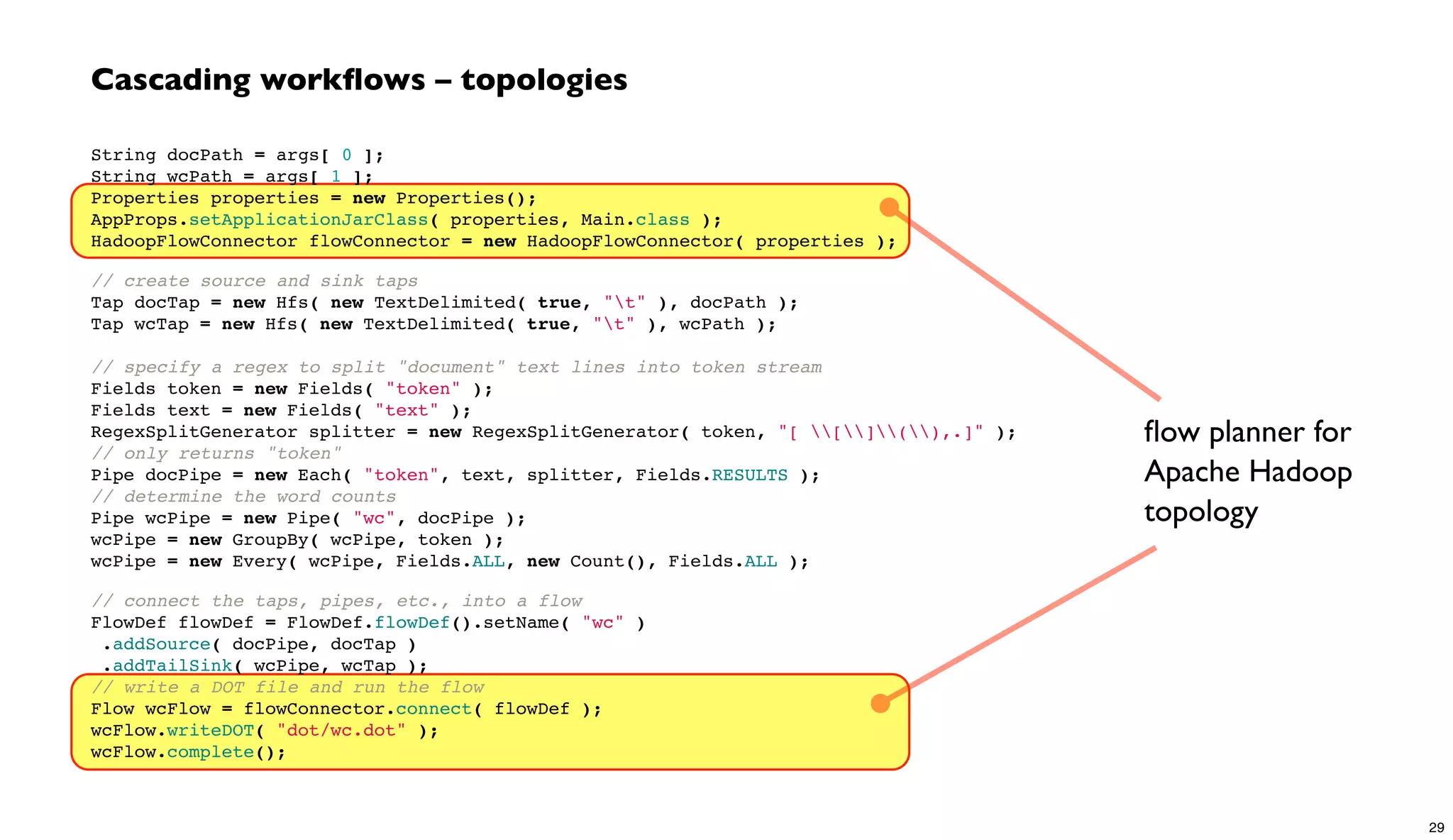 Cascading workﬂows – topologies
String docPath = args[ 0 ];
String wcPath = args[ 1 ];
Properties properties = new Properties();
AppProps.setApplicationJarClass( properties, Main.class );
HadoopFlowConnector flowConnector = new HadoopFlowConnector( properties );
// create source and sink taps
Tap docTap = new Hfs( new TextDelimited( true, "t" ), docPath );
Tap wcTap = new Hfs( new TextDelimited( true, "t" ), wcPath );
// specify a regex to split "document" text lines into token stream
Fields token = new Fields( "token" );
Fields text = new Fields( "text" );
RegexSplitGenerator splitter = new RegexSplitGenerator( token, "[ [](),.]" );
// only returns "token"
Pipe docPipe = new Each( "token", text, splitter, Fields.RESULTS );
// determine the word counts
Pipe wcPipe = new Pipe( "wc", docPipe );
wcPipe = new GroupBy( wcPipe, token );
wcPipe = new Every( wcPipe, Fields.ALL, new Count(), Fields.ALL );
// connect the taps, pipes, etc., into a flow
FlowDef flowDef = FlowDef.flowDef().setName( "wc" )
.addSource( docPipe, docTap )
 .addTailSink( wcPipe, wcTap );
// write a DOT file and run the flow
Flow wcFlow = flowConnector.connect( flowDef );
wcFlow.writeDOT( "dot/wc.dot" );
wcFlow.complete();
ﬂow planner for
Apache Hadoop
topology
29
 