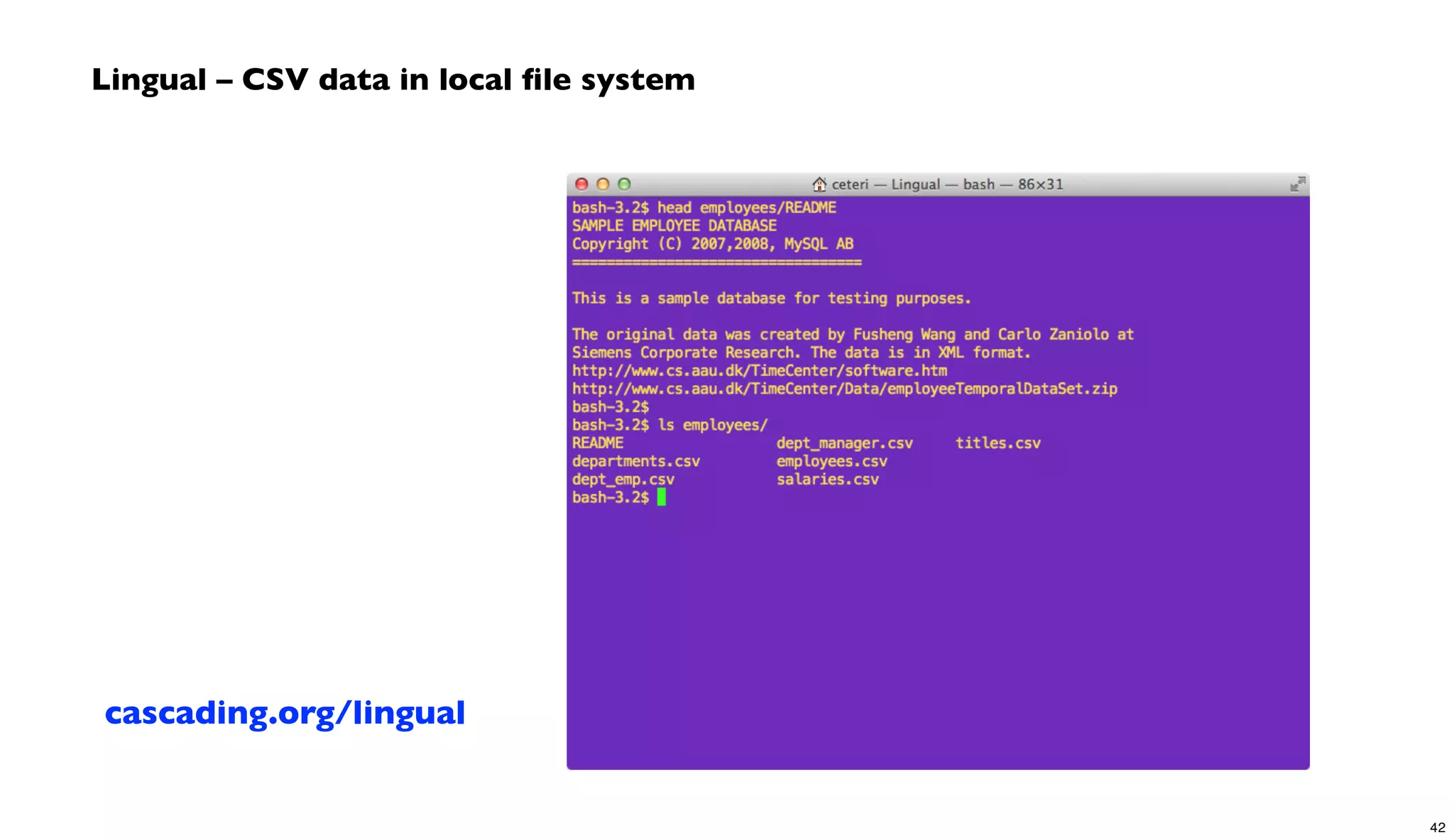 Lingual – CSV data in local ﬁle system
cascading.org/lingual
42
 