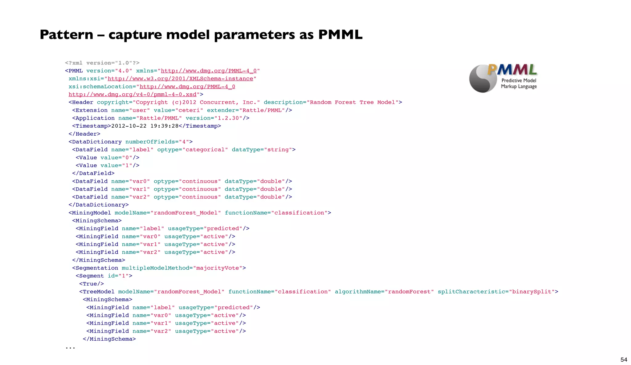 <?xml version="1.0"?>
<PMML version="4.0" xmlns="http://www.dmg.org/PMML-4_0"
 xmlns:xsi="http://www.w3.org/2001/XMLSchema-instance"
 xsi:schemaLocation="http://www.dmg.org/PMML-4_0
http://www.dmg.org/v4-0/pmml-4-0.xsd">
 <Header copyright="Copyright (c)2012 Concurrent, Inc." description="Random Forest Tree Model">
  <Extension name="user" value="ceteri" extender="Rattle/PMML"/>
  <Application name="Rattle/PMML" version="1.2.30"/>
  <Timestamp>2012-10-22 19:39:28</Timestamp>
 </Header>
 <DataDictionary numberOfFields="4">
  <DataField name="label" optype="categorical" dataType="string">
   <Value value="0"/>
   <Value value="1"/>
  </DataField>
  <DataField name="var0" optype="continuous" dataType="double"/>
  <DataField name="var1" optype="continuous" dataType="double"/>
  <DataField name="var2" optype="continuous" dataType="double"/>
 </DataDictionary>
 <MiningModel modelName="randomForest_Model" functionName="classification">
  <MiningSchema>
   <MiningField name="label" usageType="predicted"/>
   <MiningField name="var0" usageType="active"/>
   <MiningField name="var1" usageType="active"/>
   <MiningField name="var2" usageType="active"/>
  </MiningSchema>
  <Segmentation multipleModelMethod="majorityVote">
   <Segment id="1">
    <True/>
    <TreeModel modelName="randomForest_Model" functionName="classification" algorithmName="randomForest" splitCharacteristic="binarySplit">
     <MiningSchema>
      <MiningField name="label" usageType="predicted"/>
      <MiningField name="var0" usageType="active"/>
      <MiningField name="var1" usageType="active"/>
      <MiningField name="var2" usageType="active"/>
     </MiningSchema>
...
Pattern – capture model parameters as PMML
54
 