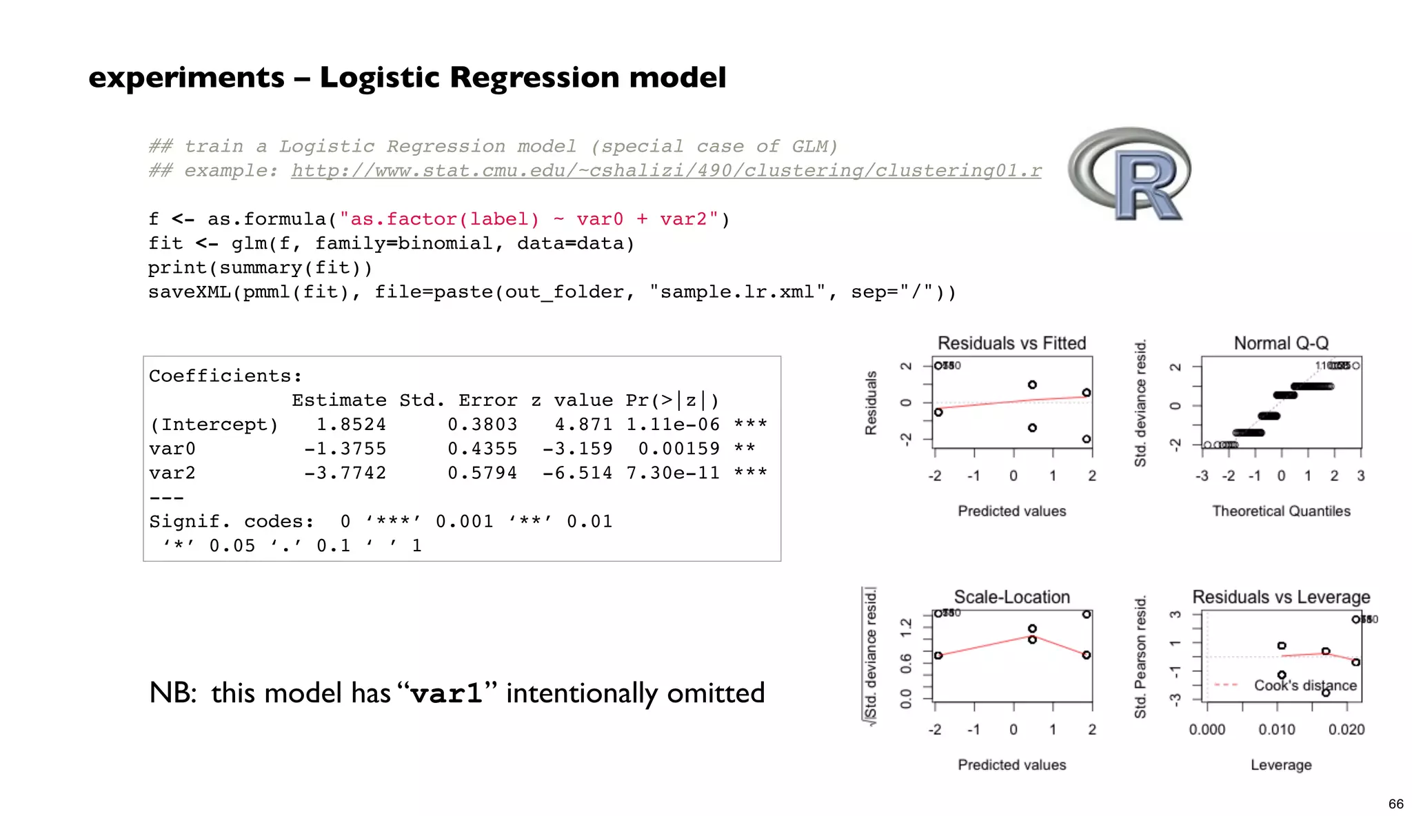 ## train a Logistic Regression model (special case of GLM)
## example: http://www.stat.cmu.edu/~cshalizi/490/clustering/clustering01.r
 
f <- as.formula("as.factor(label) ~ var0 + var2")
fit <- glm(f, family=binomial, data=data)
print(summary(fit))
saveXML(pmml(fit), file=paste(out_folder, "sample.lr.xml", sep="/"))
experiments – Logistic Regression model
Coefficients:
Estimate Std. Error z value Pr(>|z|)
(Intercept) 1.8524 0.3803 4.871 1.11e-06 ***
var0 -1.3755 0.4355 -3.159 0.00159 **
var2 -3.7742 0.5794 -6.514 7.30e-11 ***
---
Signif. codes: 0 ‘***’ 0.001 ‘**’ 0.01
‘*’ 0.05 ‘.’ 0.1 ‘ ’ 1
NB: this model has “var1” intentionally omitted
66
 