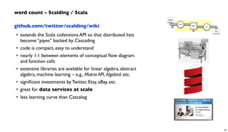 github.com/twitter/scalding/wiki
• extends the Scala collections API so that distributed lists
become “pipes” backed by Cascading
• code is compact, easy to understand
• nearly 1:1 between elements of conceptual ﬂow diagram
and function calls
• extensive libraries are available for linear algebra, abstract
algebra, machine learning – e.g., Matrix API, Algebird, etc.
• signiﬁcant investments by Twitter, Etsy, eBay, etc.
• great for data services at scale
• less learning curve than Cascalog
word count – Scalding / Scala
Document
Collection
Word
Count
Tokenize
GroupBy
token Count
R
M
20
 