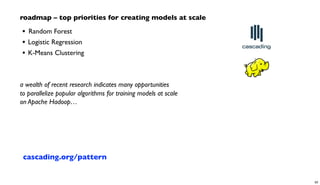 roadmap – top priorities for creating models at scale
• 	

Random Forest
• Logistic Regression
• K-Means Clustering
a wealth of recent research indicates many opportunities
to parallelize popular algorithms for training models at scale
on Apache Hadoop…
cascading.org/pattern
62
 