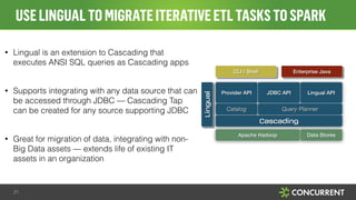 USELINGUALTOMIGRATEITERATIVEETLTASKSTOSPARK
21
• Lingual is an extension to Cascading that
executes ANSI SQL queries as Cascading apps
!
• Supports integrating with any data source that can
be accessed through JDBC — Cascading Tap
can be created for any source supporting JDBC
!
• Great for migration of data, integrating with non-
Big Data assets — extends life of existing IT
assets in an organization
Query Planner
JDBC API Lingual APIProvider API
Cascading
Apache Hadoop
Lingual
Data Stores
CLI / Shell Enterprise Java
Catalog
 