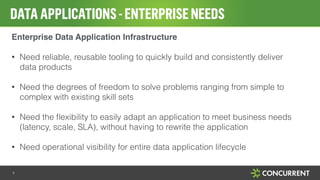 DATAAPPLICATIONS-ENTERPRISENEEDS
4
Enterprise Data Application Infrastructure!
!
• Need reliable, reusable tooling to quickly build and consistently deliver
data products
!
• Need the degrees of freedom to solve problems ranging from simple to
complex with existing skill sets
!
• Need the ﬂexibility to easily adapt an application to meet business needs
(latency, scale, SLA), without having to rewrite the application
!
• Need operational visibility for entire data application lifecycle
 