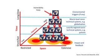 Source: Pescaroli and Alexander, 2016
Time
Short/fastLong/slow
SpaceRestricted Extensive
CAS & critical
infrastructure
Macro-level socio-
technical systems, e.g.
globalisation
Local & regional socio-
technical systems, e.g.
policies
Environmental
triggers (if any)
Impact and
feedback
Vulnerability
loops
 