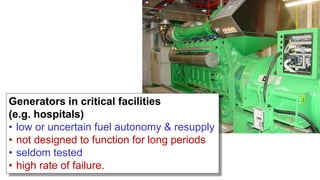 Generators in critical facilities
(e.g. hospitals)
• low or uncertain fuel autonomy & resupply
• not designed to function for long periods
• seldom tested
• high rate of failure.
 