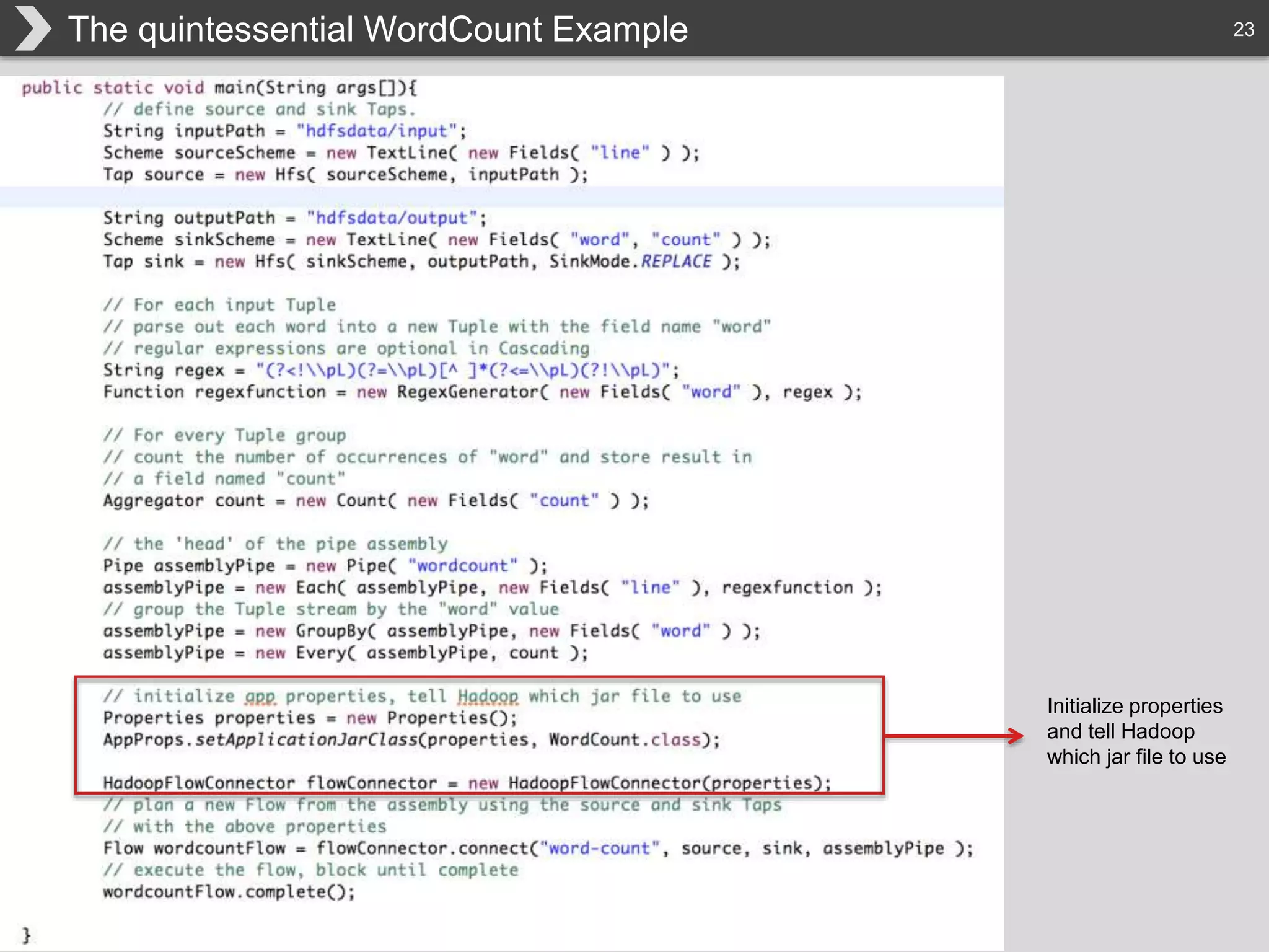 23The quintessential WordCount Example
Initialize properties
and tell Hadoop
which jar file to use
 