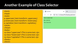 <html>
<head>
<style>
p.uppercase { text-transform: uppercase;}
p.lowercase { text-transform: lowercase;}
p.capitalize { text-transform: capitalize;}
</style>
</head>
<body>
<p class="uppercase">This is some text.</p>
<p class="lowercase">This is some text.</p>
<p class="capitalize">This is some text.</p>
</body>
</html>
 
