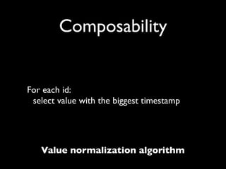 Composability


For each id:
 select value with the biggest timestamp




   Value normalization algorithm
 