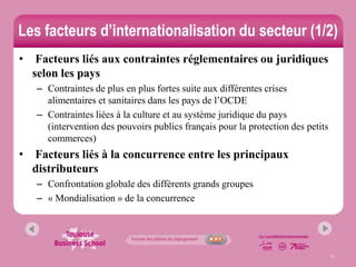 Les facteurs d’internationalisation du secteur (1/2)
•    Facteurs liés aux contraintes réglementaires ou juridiques
    selon les pays
    – Contraintes de plus en plus fortes suite aux différentes crises
      alimentaires et sanitaires dans les pays de l’OCDE
    – Contraintes liées à la culture et au système juridique du pays
      (intervention des pouvoirs publics français pour la protection des petits
      commerces)
•   Facteurs liés à la concurrence entre les principaux
    distributeurs
    – Confrontation globale des différents grands groupes
    – « Mondialisation » de la concurrence




                                                                                  11
 
