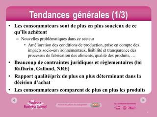 Tendances générales (1/3)
• Les consommateurs sont de plus en plus soucieux de ce
  qu’ils achètent
   – Nouvelles problématiques dans ce secteur
      • Amélioration des conditions de production, prise en compte des
        impacts socio-environnementaux, lisibilité et transparence des
        processus de fabrication des aliments, qualité des produits, …
• Beaucoup de contraintes juridiques et règlementaires (loi
  Raffarin, Galland, NRE)
• Rapport qualité/prix de plus en plus déterminant dans la
  décision d’achat
• Les consommateurs comparent de plus en plus les produits



                                                                         3
 