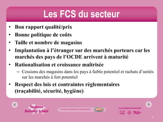 Les FCS du secteur
• Bon rapport qualité/prix
• Bonne politique de coûts
• Taille et nombre de magasins
• Implantation à l’étranger sur des marchés porteurs car les
  marchés des pays de l’OCDE arrivent à maturité
• Rationalisation et croissance maîtrisée
    – Cessions des magasins dans les pays à faible potentiel et rachats d’unités
      sur les marchés à fort potentiel
• Respect des lois et contraintes règlementaires
  (traçabilité, sécurité, hygiène)



                                                                               6
 