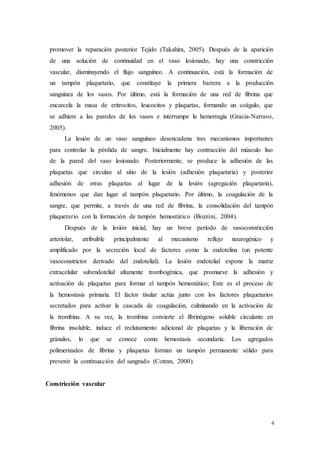4
promover la reparación posterior Tejido (Takahira, 2005). Después de la aparición
de una solución de continuidad en el vaso lesionado, hay una constricción
vascular, disminuyendo el flujo sanguíneo. A continuación, está la formación de
un tampón plaquetario, que constituye la primera barrera a la producción
sanguínea de los vasos. Por último, está la formación de una red de fibrina que
encarcela la masa de eritrocitos, leucocitos y plaquetas, formando un coágulo, que
se adhiere a las paredes de los vasos e interrumpe la hemorragia (Gracia-Narravo,
2005).
La lesión de un vaso sanguíneo desencadena tres mecanismos importantes
para controlar la pérdida de sangre. Inicialmente hay contracción del músculo liso
de la pared del vaso lesionado. Posteriormente, se produce la adhesión de las
plaquetas que circulan al sitio de la lesión (adhesión plaquetaria) y posterior
adhesión de otras plaquetas al lugar de la lesión (agregación plaquetaria),
fenómenos que dan lugar al tampón plaquetario. Por último, la coagulación de la
sangre, que permite, a través de una red de fibrina, la consolidación del tampón
plaquetario con la formación de tampón hemostático (Bozzini, 2004).
Después de la lesión inicial, hay un breve período de vasoconstricción
arteriolar, atribuible principalmente al mecanismo reflejo neurogénico y
amplificado por la secreción local de factores como la endotelina (un potente
vasoconstrictor derivado del endotelial). La lesión endotelial expone la matriz
extracelular subendotelial altamente trombogénica, que promueve la adhesión y
activación de plaquetas para formar el tampón hemostático; Este es el proceso de
la hemostasis primaria. El factor tisular actúa junto con los factores plaquetarios
secretados para activar la cascada de coagulación, culminando en la activación de
la trombina. A su vez, la trombina convierte el fibrinógeno soluble circulante en
fibrina insoluble, induce el reclutamiento adicional de plaquetas y la liberación de
gránulos, lo que se conoce como hemostasis secundaria. Los agregados
polimerizados de fibrina y plaquetas forman un tampón permanente sólido para
prevenir la continuación del sangrado (Cotran, 2000).
Constricción vascular
 