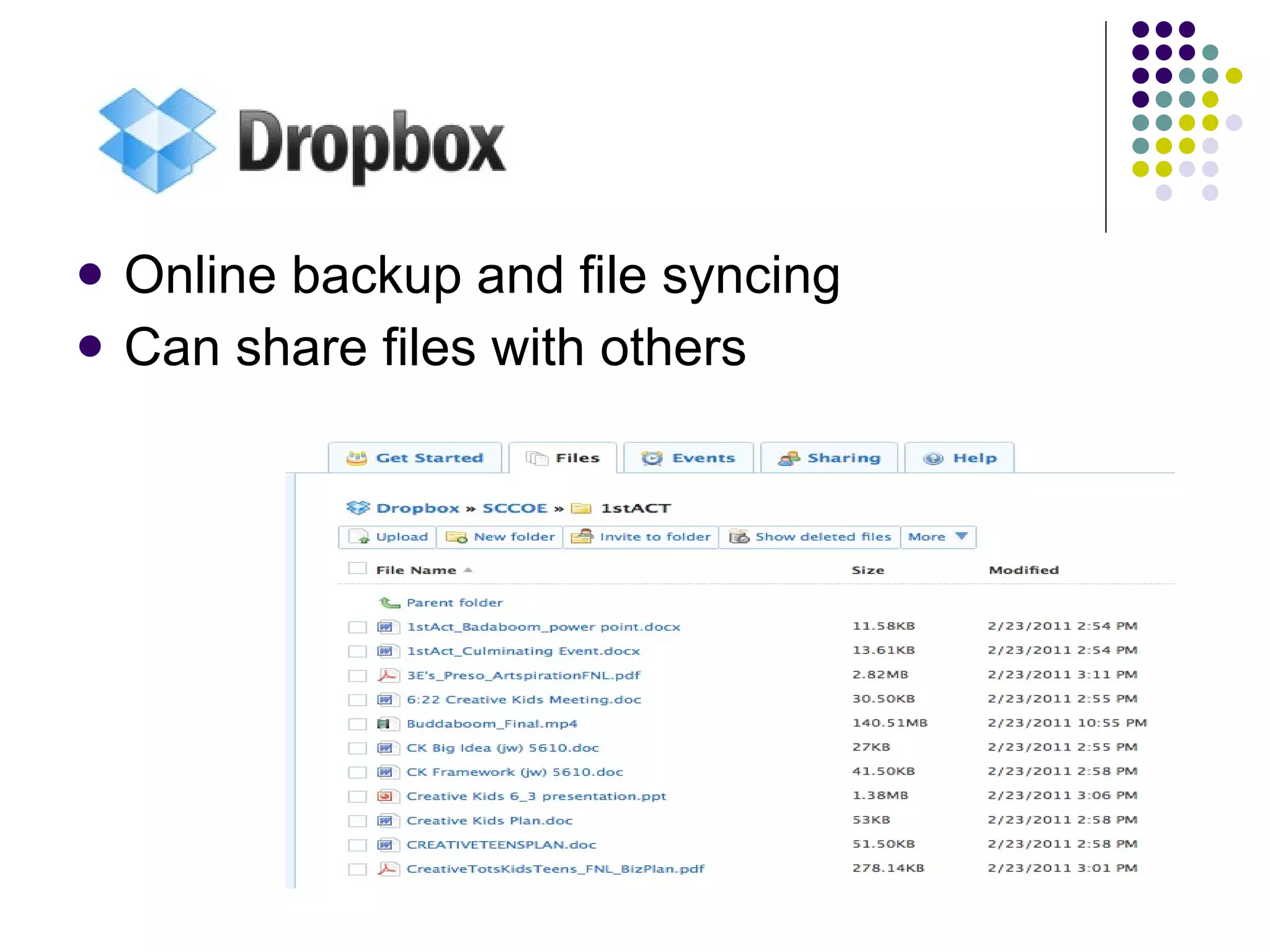 Online backup and file syncing Can share files with others 