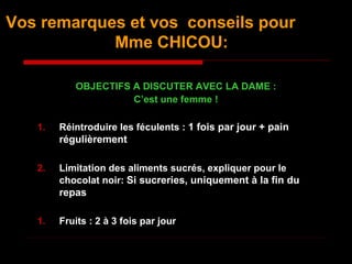 Vos remarques et vos conseils pour
Mme CHICOU:
OBJECTIFS A DISCUTER AVEC LA DAME :
C’est une femme !
1. Réintroduire les féculents : 1 fois par jour + pain
régulièrement
2. Limitation des aliments sucrés, expliquer pour le
chocolat noir: Si sucreries, uniquement à la fin du
repas
1. Fruits : 2 à 3 fois par jour
 
