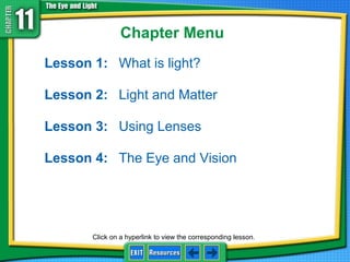 Chapter Menu
Lesson 1: What is light?
Lesson 2: Light and Matter
Lesson 3: Using Lenses
Lesson 4: The Eye and Vision
Click on a hyperlink to view the corresponding lesson.
 