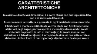 CARATTERISTICHE
ARCHITETTONICHE
La cascina è di notevoli dimensioni, è a corte chiusa con due ingressi in lato
sud e di servizio in lato nord.
Essenzialmente la struttura si presenta in ogni facciata interna con arcate.
Il fabbricato a monte è costituito da vecchie stalle con fienili superiori e
abitazioni negli angoli, portico aperto a mezzodì(sud) con undici arcate
sostenute da pilastri. In lato di mattina(est) le arcate sono sei con
abitazione e il lato di sera(nord) è occupato da rimesse con sette arcate e
abitazioni , infine il lato di mezzogiorno(sud) è formato da cinque arcate
 