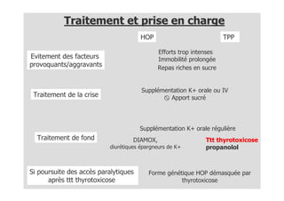 Traitement et prise en charge
                                       HOP                            TPP

                                              Efforts trop intenses
Evitement des facteurs                        Immobilité prolongée
provoquants/aggravants                        Repas riches en sucre


                                       Supplémentation K+ orale ou IV
 Traitement de la crise                         Apport sucré




                                      Supplémentation K+ orale régulière
  Traitement de fond                DIAMOX,                    Ttt thyrotoxicose
                           diurétiques épargneurs de K+        propanolol



Si poursuite des accès paralytiques       Forme génétique HOP démasquée par
      après ttt thyrotoxicose                        thyrotoxicose
 