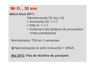 Mr O. , 30 ans
début Aout 2011:
           Néomercazole 20 mg x 2/j
           + Avlocardyl 20: 1-1-1
           + Diffu K: 1-1-1
           + évitement des facteurs de provocation
             crises paralytiques

 Normalisation TSH en 3 semaines

   Neomercazole et arrêt Avlocardyl + DiffuK

 Mai 2012: Pas de récidive de paralysie
 