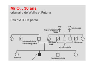 Mr O. , 30 ans
originaire de Wallis et Futuna

Pas d’ATCDs perso

                                                              démence
                               hyperuricémie
                                        DNID


7         6
              hyperuricémie        lithiase                    démence
              coronaropathie       OAP
                                               dysthyroïdie




    obésité                           hyperuricémie
 