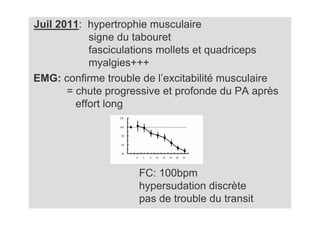 Juil 2011: hypertrophie musculaire
            signe du tabouret
            fasciculations mollets et quadriceps
            myalgies+++
EMG: confirme trouble de l’excitabilité musculaire
       = chute progressive et profonde du PA après
         effort long




                     FC: 100bpm
                     hypersudation discrète
                     pas de trouble du transit
 