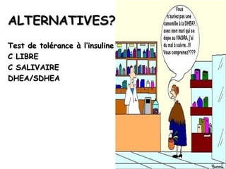 ALTERNATIVES?
Test de tolérance à l’insuline
C LIBRE
C SALIVAIRE
DHEA/SDHEA
 