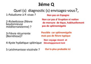 3éme	
  Q	
  
Quel	
  (s)	
  	
  diagnosJc	
  (s)	
  envisagez-­‐vous?,	
  	
  
1-­‐Paludisme	
  à	
  P.	
  vivax	
  ?	
  	
  
2-­‐Rickeksiose	
  (ﬁèvre	
  
boutonneuse	
  
méditerranéenne)	
  ?	
  	
  
3-­‐Fièvre	
  récurrente	
  
(Borréliose)?	
  
4-­‐Kyste	
  hydaJque	
  splénique	
  	
  
5-­‐Leishmaniose	
  viscérale	
  ?	
  	
  
Non	
  pas	
  en	
  Espagne	
  
Non	
  car	
  pas	
  d	
  ’érup?on	
  ni	
  no?on	
  
	
  de	
  morsure	
  	
  de	
  ?que,	
  habituellement	
  
pas	
  de	
  splénomégalie	
  
Possible	
  	
  car	
  splénomégalie	
  	
  
mais	
  pas	
  de	
  ﬁèvre	
  typique	
  
Non voyage récent et
Développement lent
Oui	
  la	
  plus	
  probable	
  ici	
  	
  
 