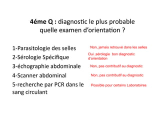 4éme	
  Q	
  :	
  diagnosJc	
  le	
  plus	
  probable	
  	
  
quelle	
  examen	
  d’orientaJon	
  ?	
  
1-­‐Parasitologie	
  des	
  selles	
  
2-­‐Sérologie	
  Spéciﬁque	
  
3-­‐échographie	
  abdominale	
  
4-­‐Scanner	
  abdominal	
  	
  
5-­‐recherche	
  par	
  PCR	
  dans	
  le	
  
sang	
  circulant	
  
Non, jamais retrouvé dans les selles
Oui ,sérologie bon diagnostic
d’orientation
Non, pas contributif au diagnostic
Non, pas contributif au diagnostic
Possible pour certains Laboratoires
 