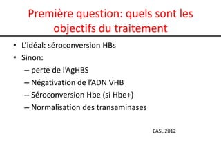 Première question: quels sont les
objectifs du traitement
• L’idéal: séroconversion HBs
• Sinon:
– perte de l’AgHBS
– Négativation de l’ADN VHB
– Séroconversion Hbe (si Hbe+)
– Normalisation des transaminases
EASL 2012

 