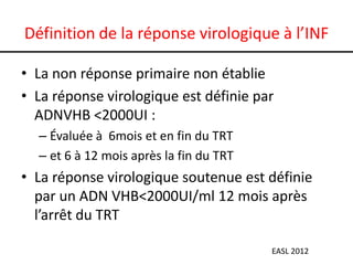 Définition de la réponse virologique à l’INF
• La non réponse primaire non établie
• La réponse virologique est définie par
ADNVHB <2000UI :
– Évaluée à 6mois et en fin du TRT
– et 6 à 12 mois après la fin du TRT

• La réponse virologique soutenue est définie
par un ADN VHB<2000UI/ml 12 mois après
l’arrêt du TRT
EASL 2012

 