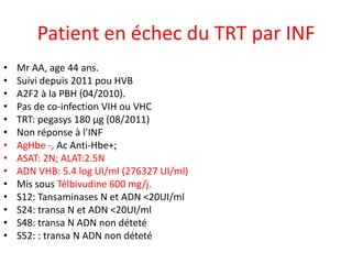 Patient en échec du TRT par INF
•
•
•
•
•
•
•
•
•
•
•
•
•
•

Mr AA, age 44 ans.
Suivi depuis 2011 pou HVB
A2F2 à la PBH (04/2010).
Pas de co-infection VIH ou VHC
TRT: pegasys 180 µg (08/2011)
Non réponse à l’INF
AgHbe -, Ac Anti-Hbe+;
ASAT: 2N; ALAT:2.5N
ADN VHB: 5.4 log UI/ml (276327 UI/ml)
Mis sous Télbivudine 600 mg/j.
S12: Tansaminases N et ADN <20UI/ml
S24: transa N et ADN <20UI/ml
S48: transa N ADN non déteté
S52: : transa N ADN non déteté

 