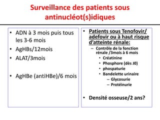 Surveillance des patients sous
antinucléot(s)idiques
• ADN à 3 mois puis tous
les 3-6 mois
• AgHBs/12mois
• ALAT/3mois
• AgHBe (antiHBe)/6 mois

• Patients sous Tenofovir/
adefovir ou à haut risque
d’atteinte rénale:
– Contrôle de la fonction
rénale /3mois à 6 mois
• Créatinine
• Phosphore (dès J0)
• phospaturie
• Bandelette urinaire
– Glycosurie
– Protéinurie

• Densité osseuse/2 ans?

 