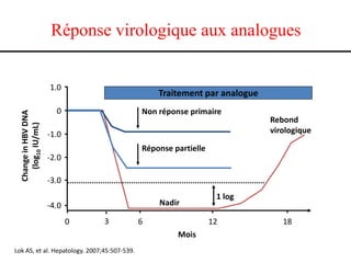 Réponse virologique aux analogues

Change in HBV DNA
(log10 IU/mL)

1.0

Traitement par analogue

0

Non réponse primaire

-1.0

Rebond
virologique

Réponse partielle
-2.0
-3.0
Nadir

-4.0
0

3

6

12
Mois

Lok AS, et al. Hepatology. 2007;45:507-539.

1 log
18

 