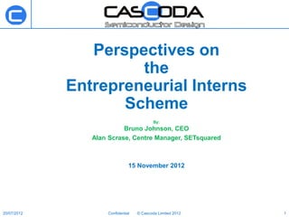 Perspectives on
                      the
             Entrepreneurial Interns
                    Scheme
                                           By:
                          Bruno Johnson, CEO
                Alan Scrase, Centre Manager, SETsquared



                               15 November 2012




20/07/2012          Confidential   © Cascoda Limited 2012   1
 