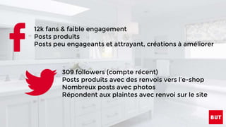 12k fans & faible engagement
Posts produits
Posts peu engageants et attrayant, créations à améliorer
309 followers (compte récent)
Posts produits avec des renvois vers l’e-shop
Nombreux posts avec photos
Répondent aux plaintes avec renvoi sur le site
 