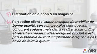 Distribution en e-shop & en magasins
Perception client : “super enseigne de mobilier de
bonne qualité, certe un peu plus cher que son
concurent suédois mais rien a re dire. achat online
et retrait en magasin ideal lorsqu'un produit n'est
plus disponible ou tout simplement lorsqu'on a pas
envie de faire la queue”
 
